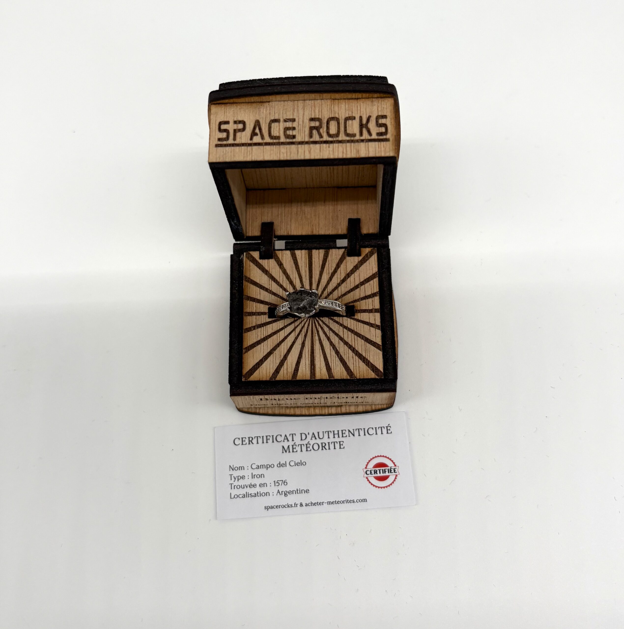 Ring Meteorit, Himmelsfragment, Campo del cielo, Holzschatulle