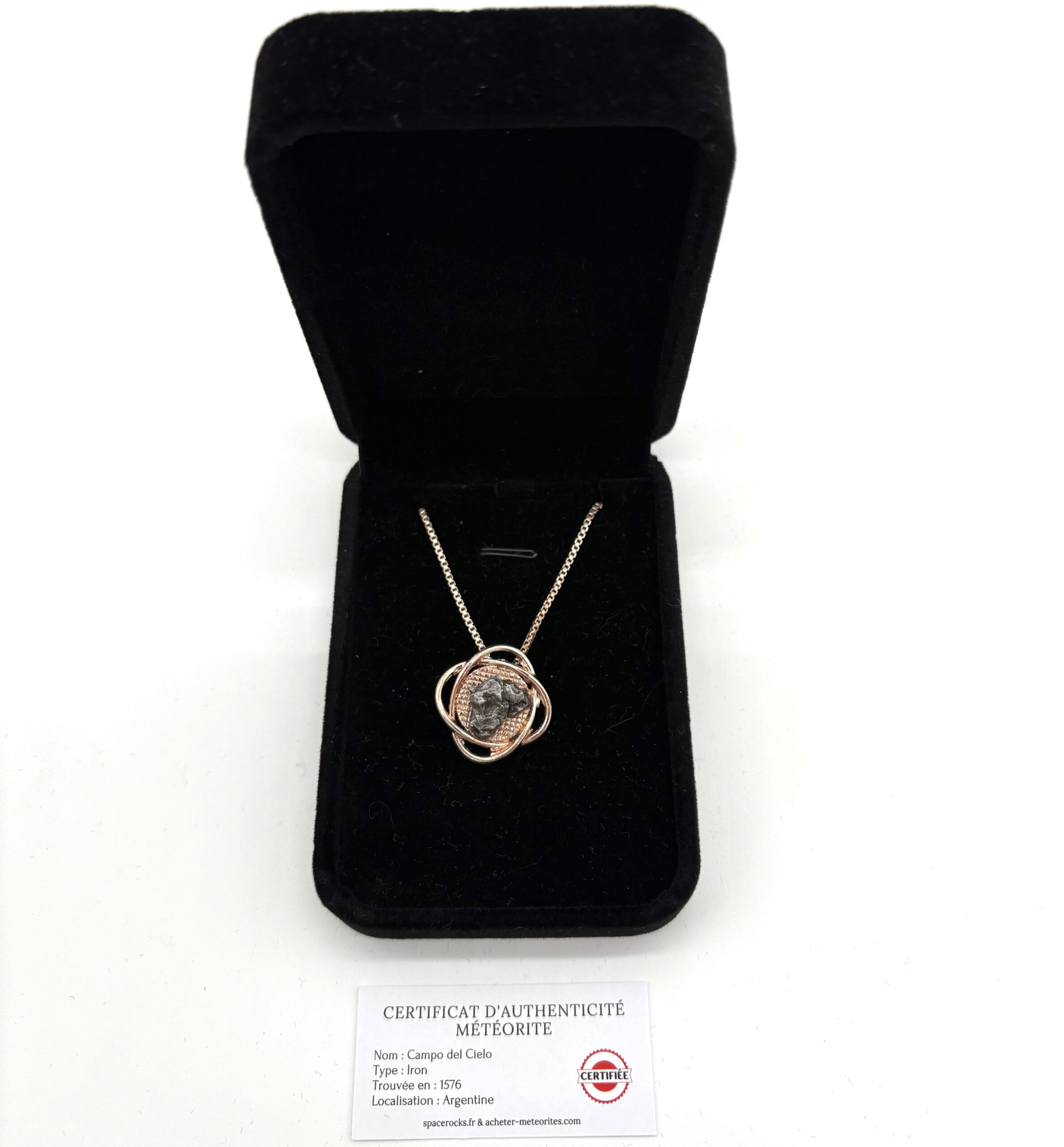 Roségoldfarbener Design-Anhänger - Motiv Atom und Campo del Cielo