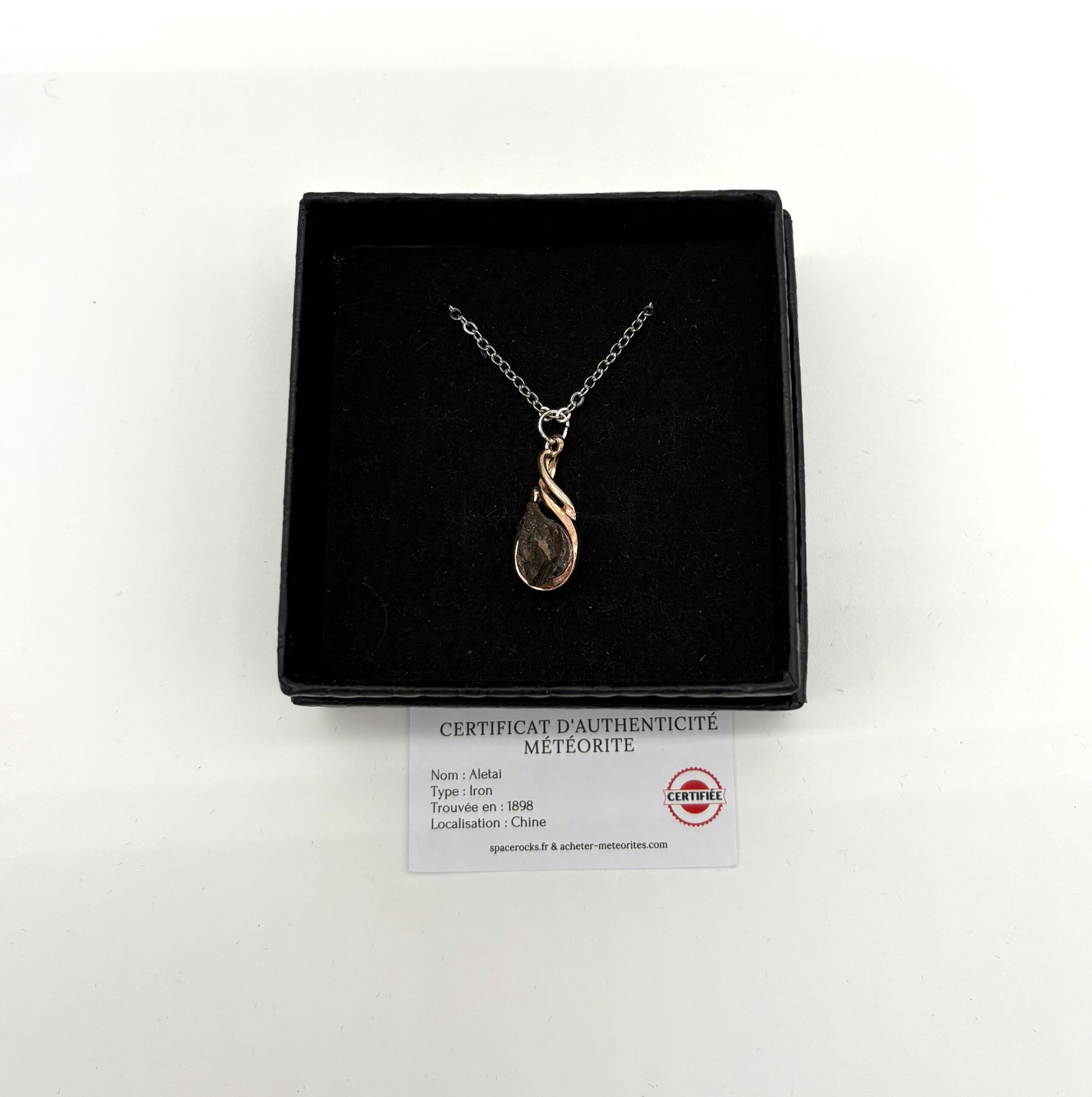 Anhänger (roségoldfarben) und Halskette (versilbert), Aletai-Meteorit, elegante Tropfenform des Anhängers